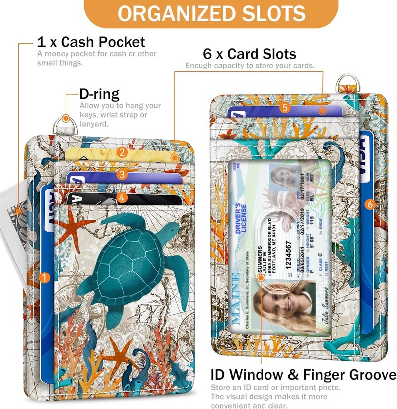 Yonlevres Credit Card Holder Slim Wallet, Sea Turtle RFID Wallet Women Front Pocket Small Card Holder Travel Cute Funny Thin Card Case ID Window PU Leather RFID Blocking Card Organizer Gifts Girls - Image 4